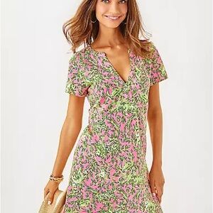Lilly Pulitzer Pink & Green Floral V-Neck Short Sleeve Dress